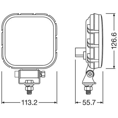 Technical drawing of a square headlight with dimensions: Width 113.2 mm, Height 126.6 mm, Depth 55.7 mm. Side and front view with mounting bracket.