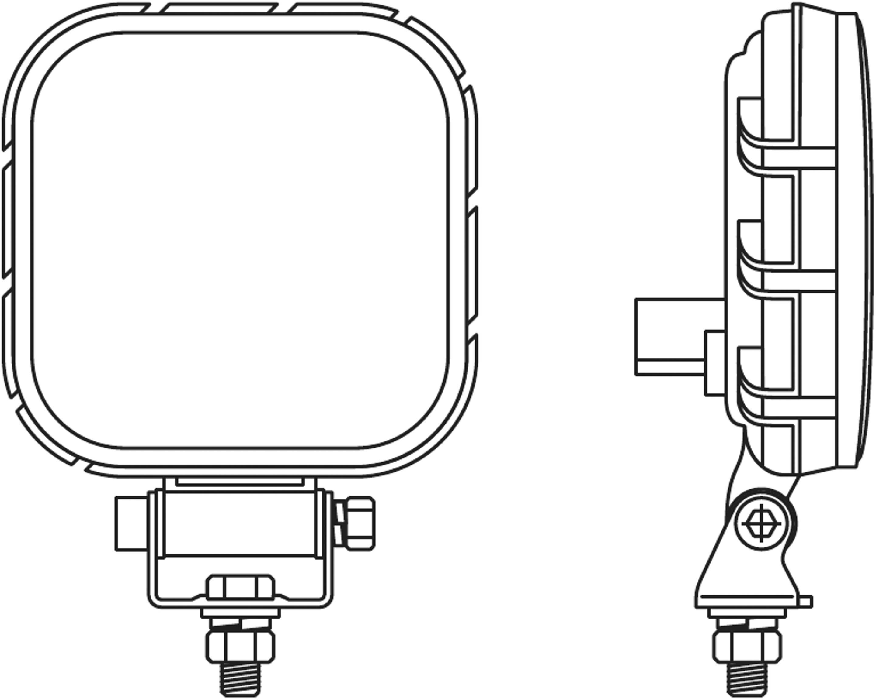 Technical line drawing of a square work light, showing side and front views, depicting mounting elements and housing design.