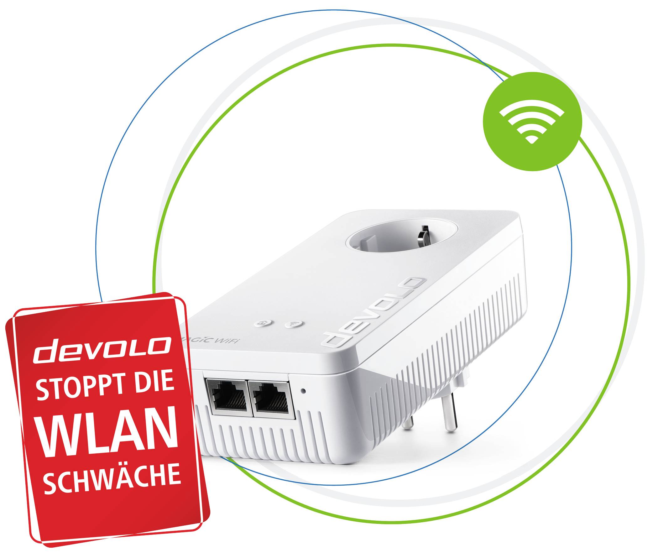 A white Wi-Fi adapter by Devolo with two Ethernet ports. Text on red sign: 'Devolo stops Wi-Fi weakness'.