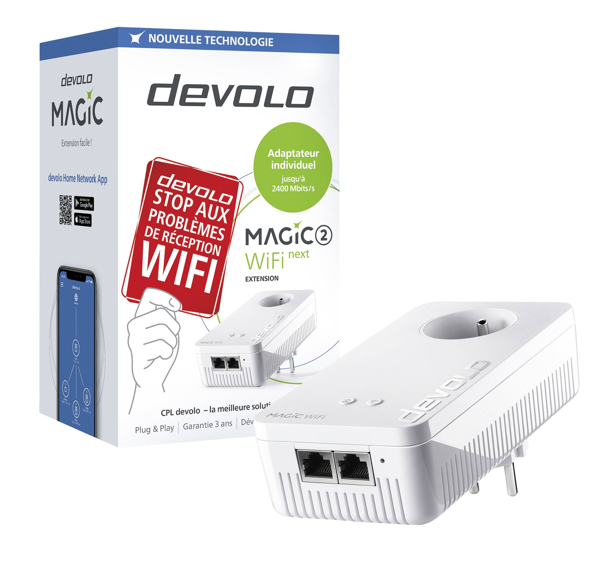 A package displays a devolo Magic 2 WiFi next Adapter. Text reads: 'STOP WIFI RECEPTION PROBLEMS'.  Adapter with two Ethernet ports.