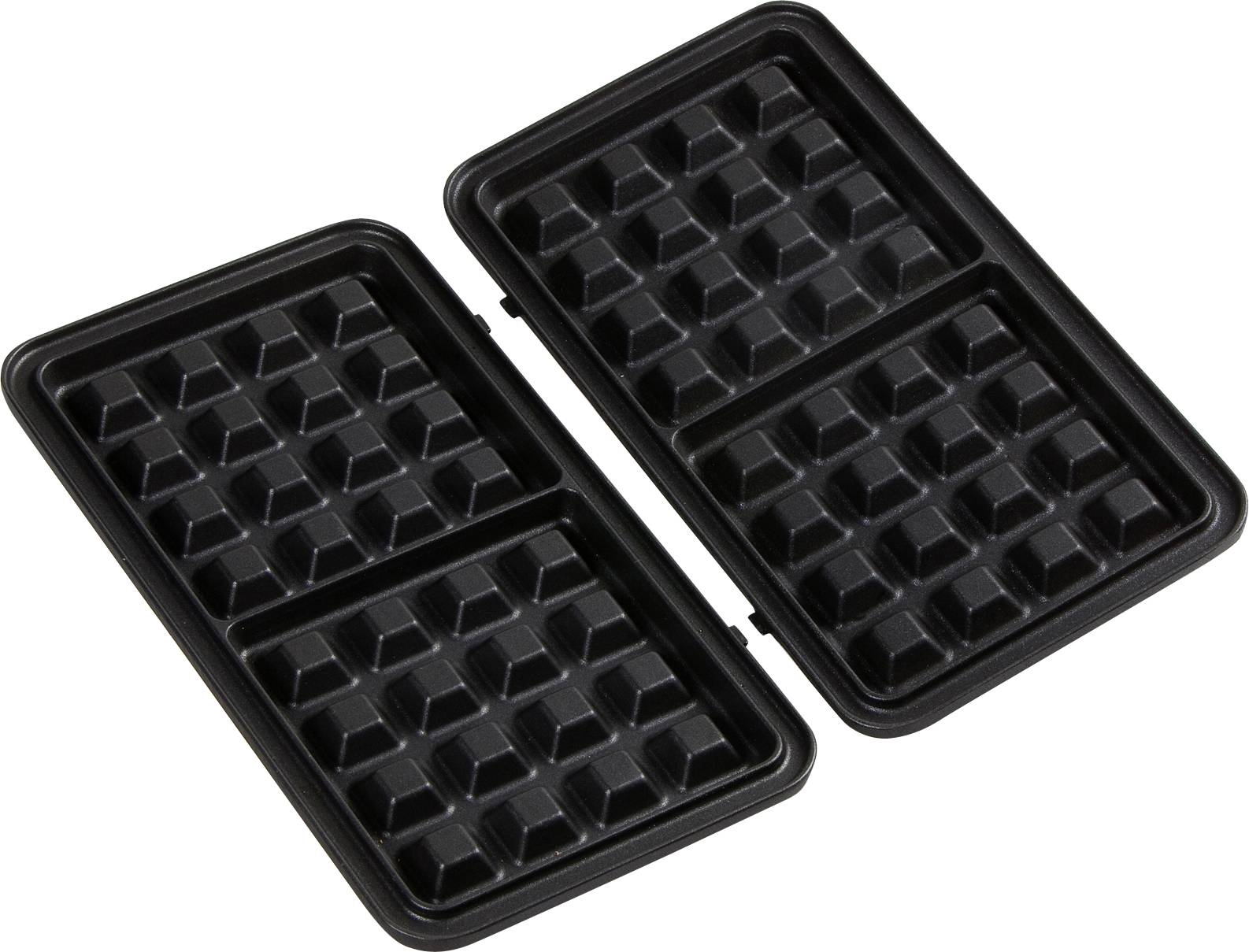 Two black, rectangular waffle iron plates with square wells for preparing waffles.