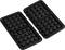 Two black, rectangular waffle iron plates with square wells for preparing waffles.