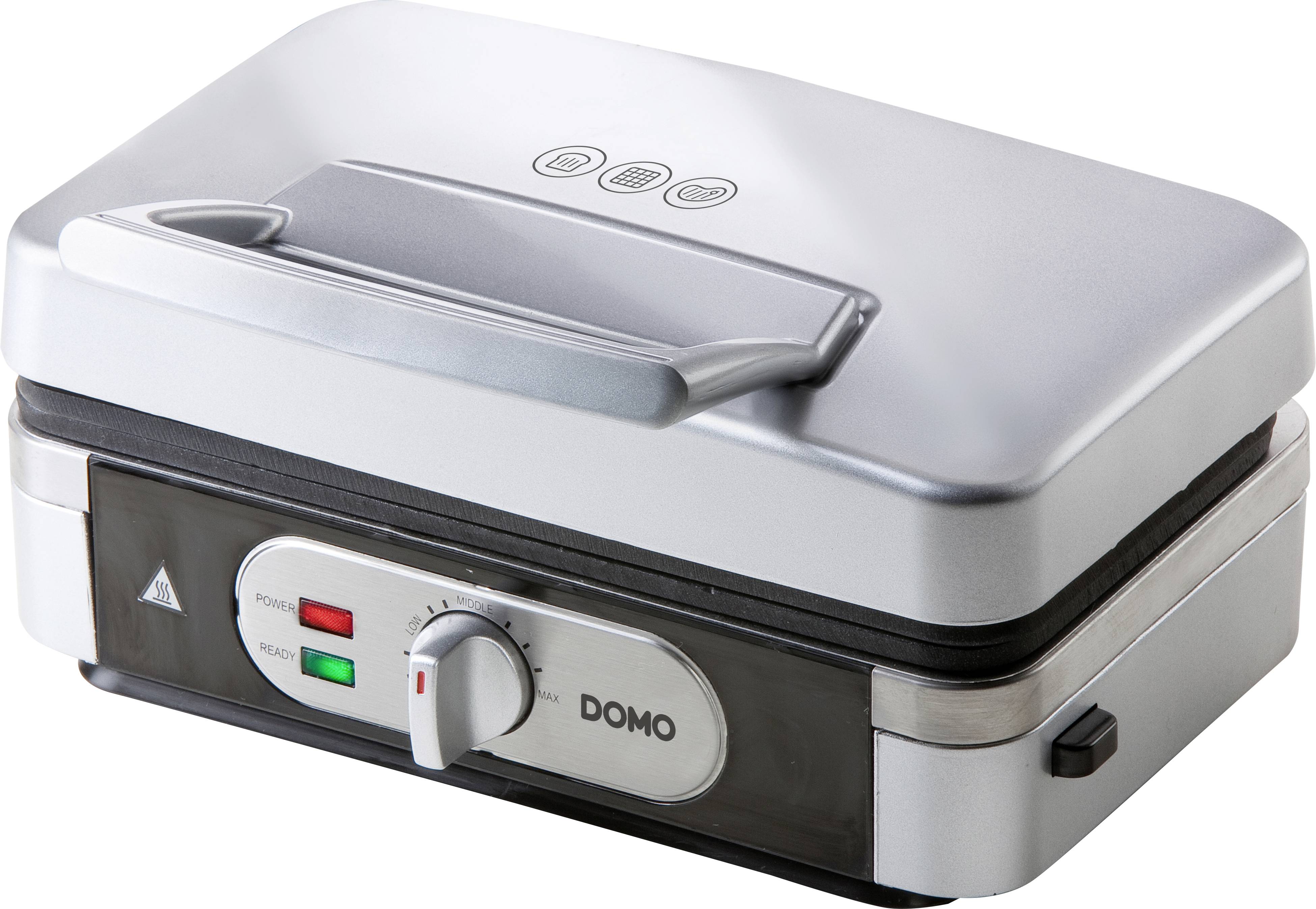 A silver waffle maker with indicator lights and a temperature control dial. The appliance is positioned on a flat surface.