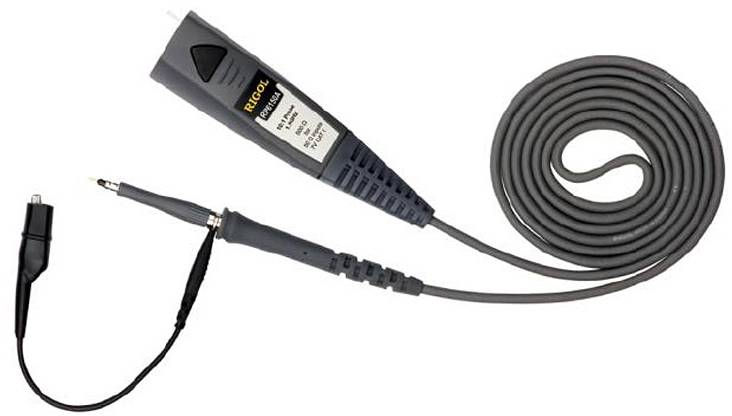 Digital oscilloscope probe with connection cable and clip, used for electrical measurements and signal sampling.