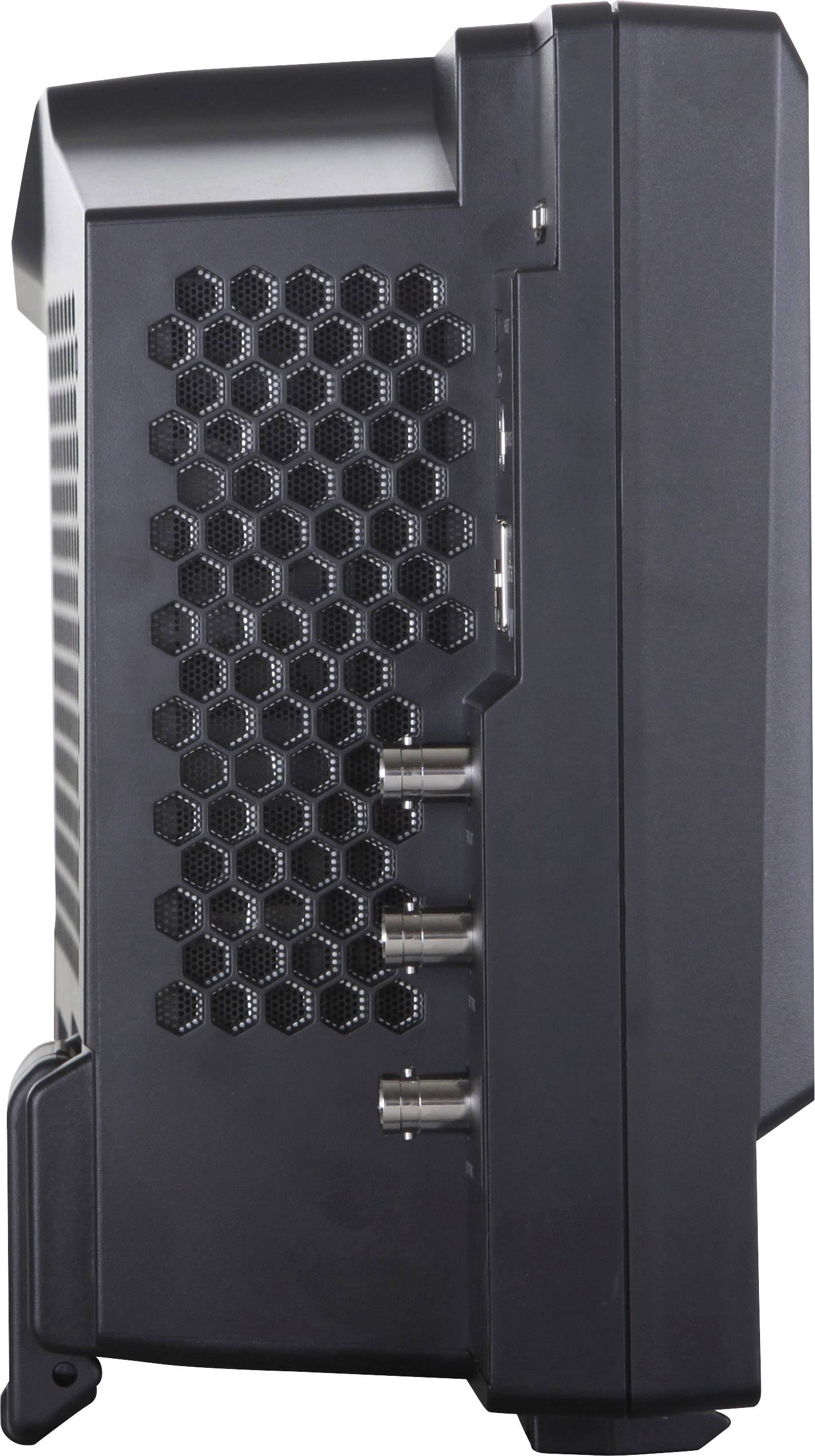 Side view of a black technical device with a honeycomb pattern on the ventilation side and multiple ports on the front.
