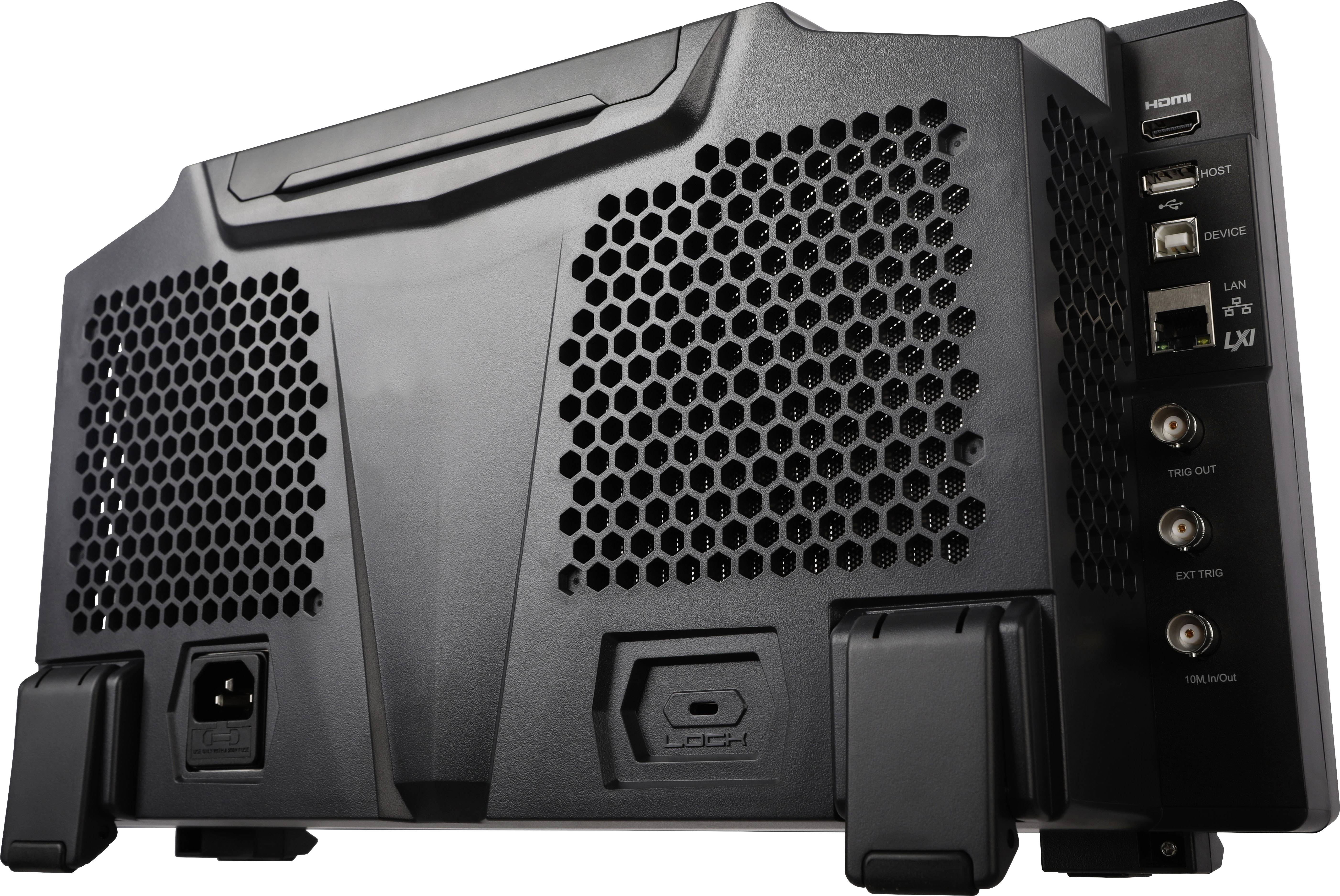 Back of a black electronic component with ventilation slots and multiple ports, including HDMI and USB.