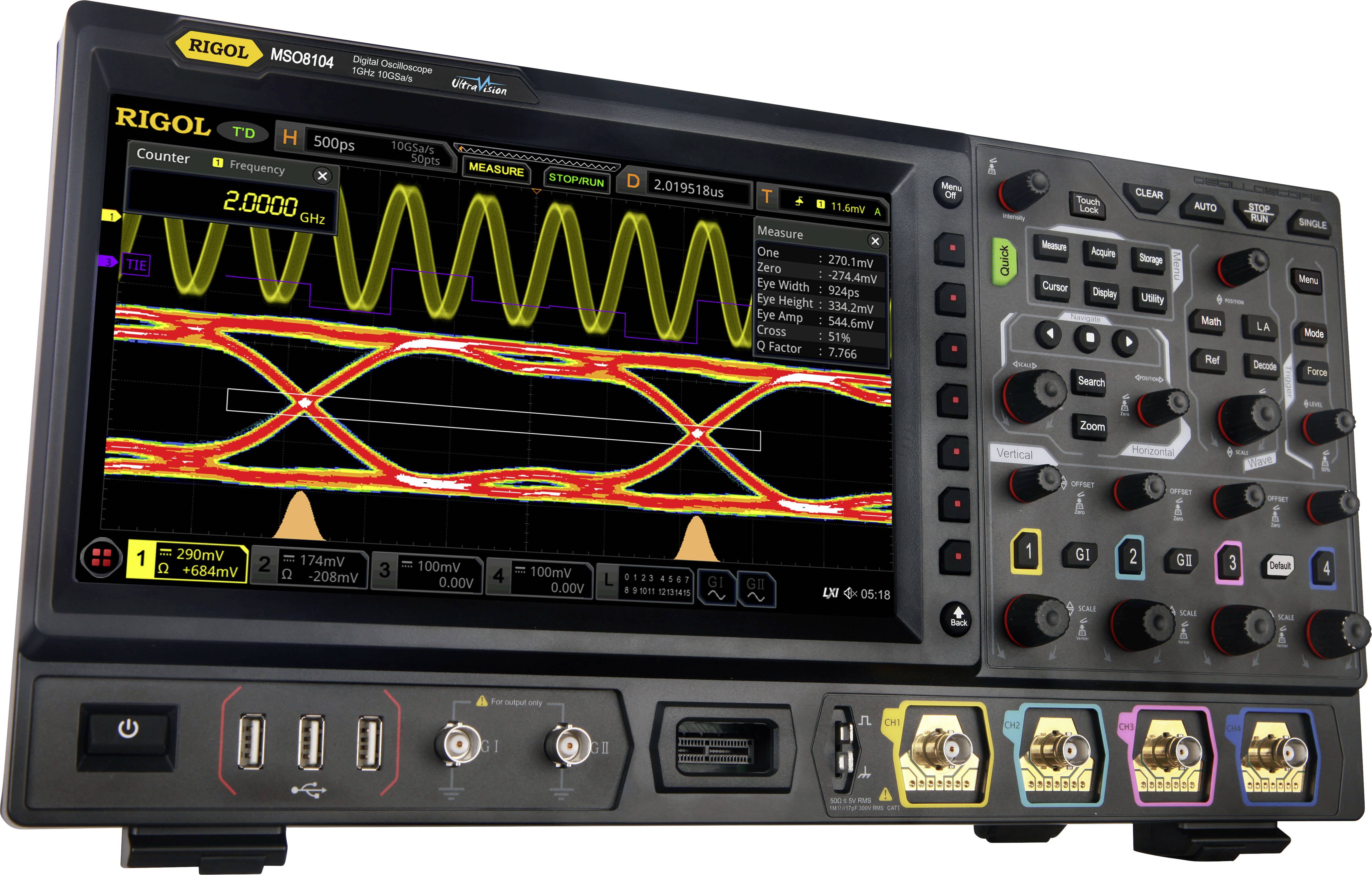 Digital oscilloscope with multi-coloured waveform displays and control knobs. Display shows complex signal patterns.