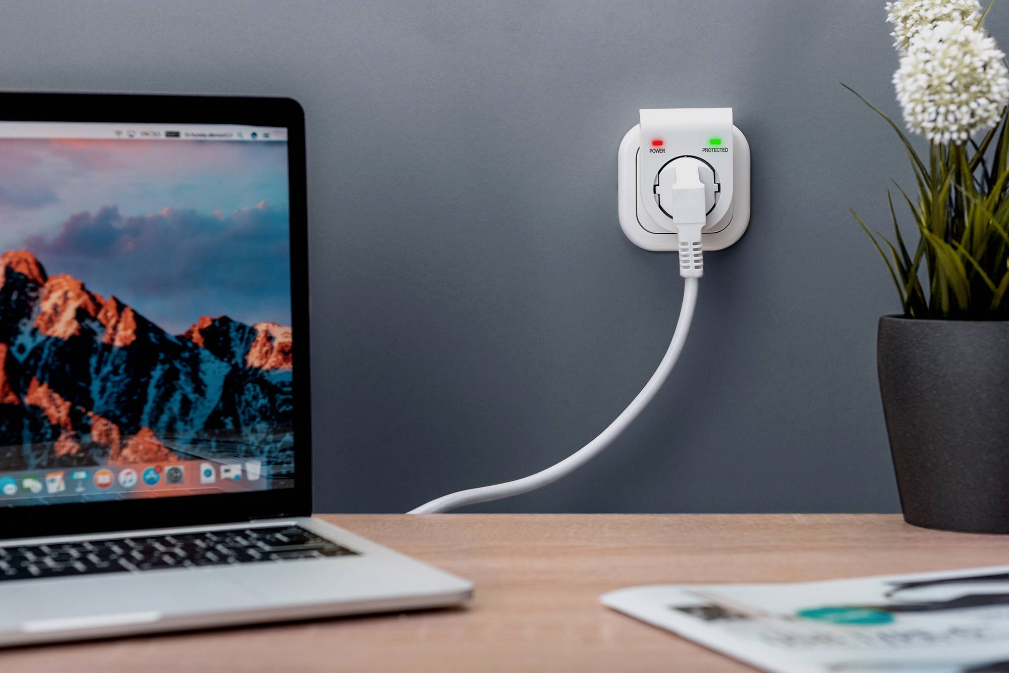 A laptop is sitting on a table next to a power socket with a plug inserted. A plant and some papers are also on the table.