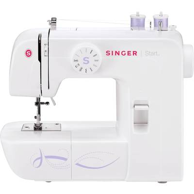 A white Singer sewing machine with a simple design and purple embellishments, suitable for home sewing.