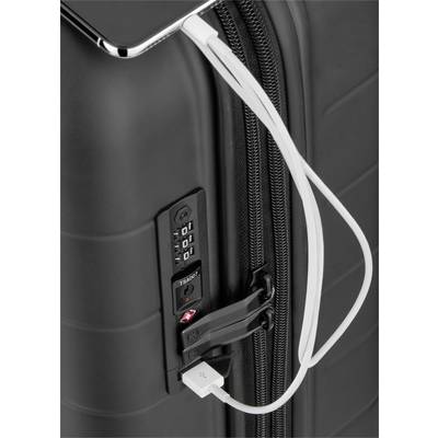 A black suitcase with an integrated TSA combination lock, with a charging cable connected, protrudes from a USB port.