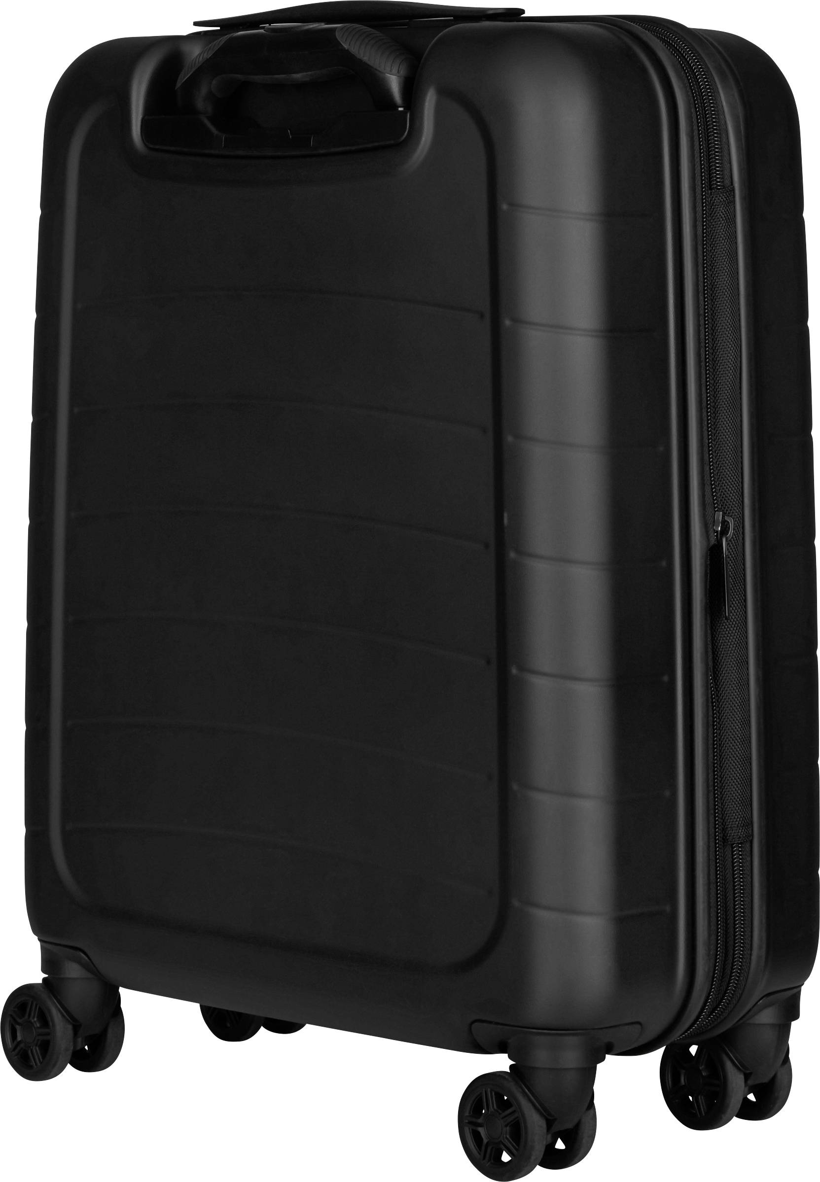 A black hard-shell suitcase with four wheels and a carry handle.