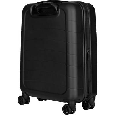 A black hard-shell suitcase with four wheels and a carry handle.