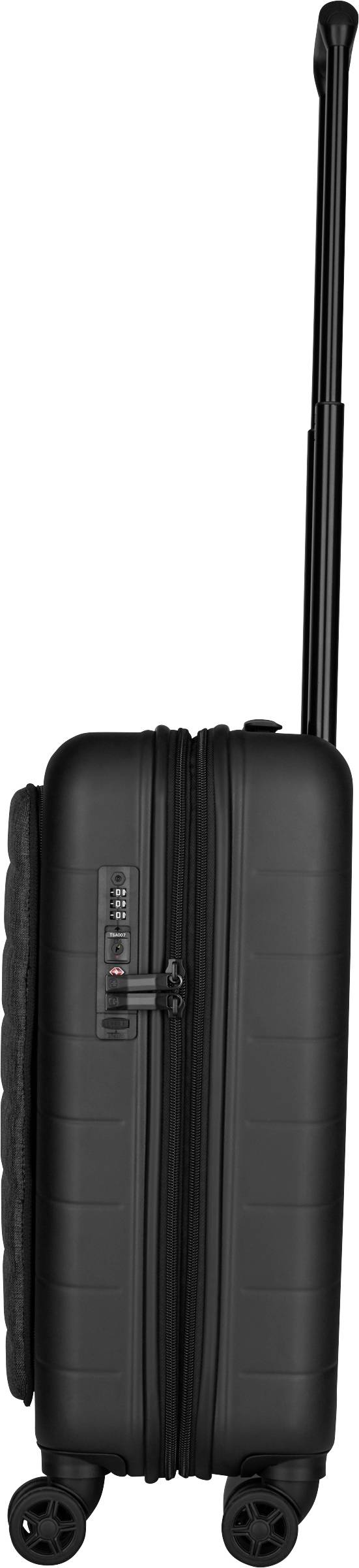 Black hard-shell suitcase with extendable handle and four wheels, taken from the side.