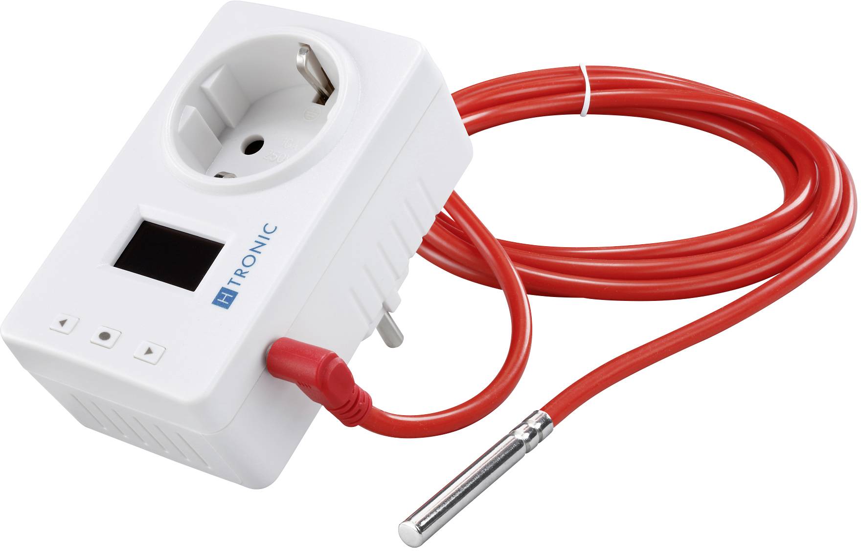 Socket with digital thermostat and red temperature sensor cable, suitable for temperature monitoring and control of electrical devices.