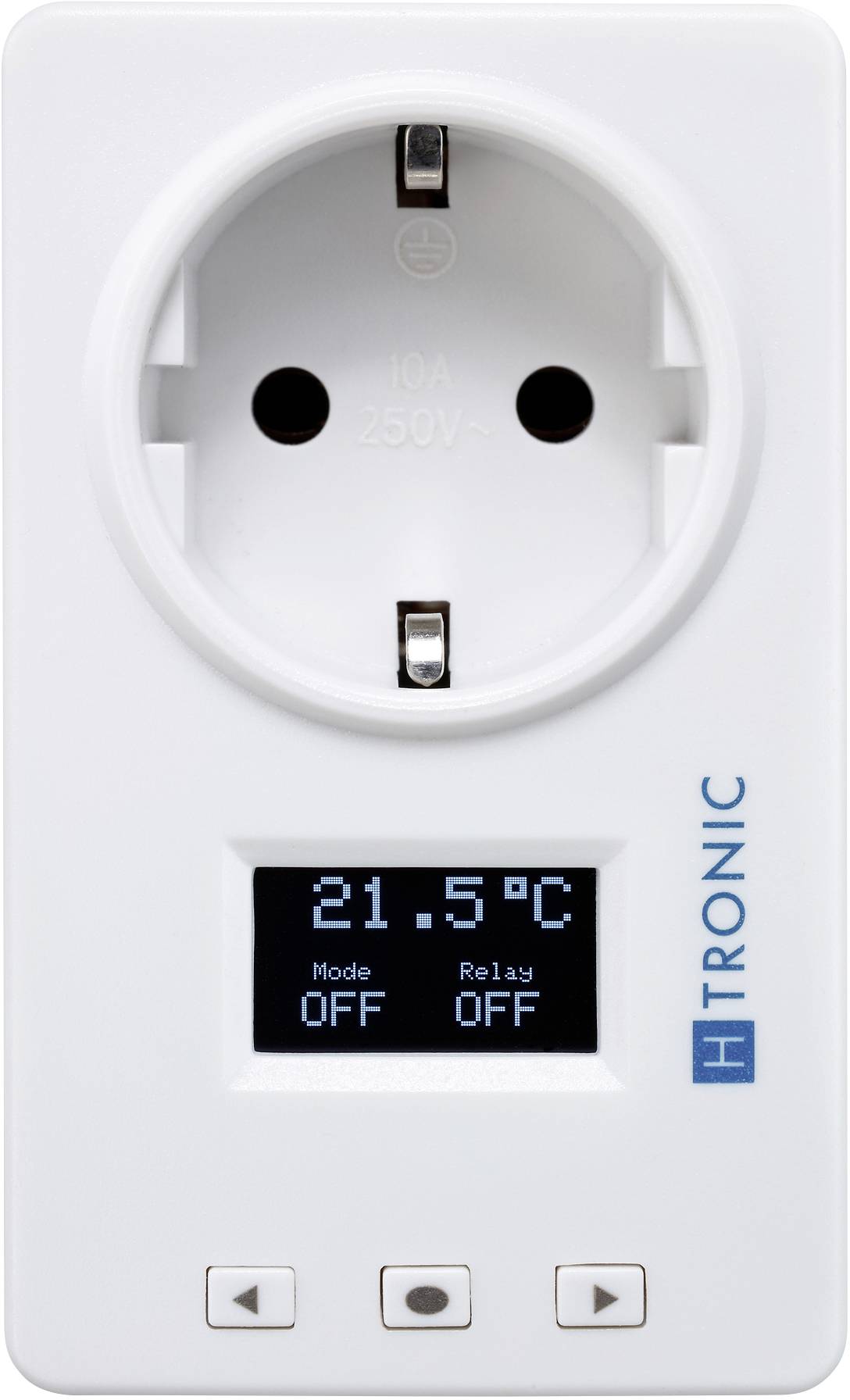 Socket with display showing 21.5°C. Beneath are switching buttons. 'H TRONIC' marking on the right. Temperature regulation and mode control are visible.
