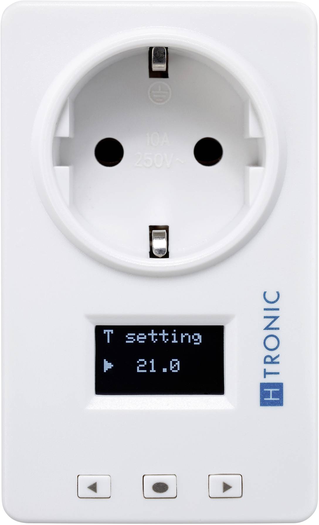 White electronic socket switch with display, showing 'T setting' and '21.0', brand name 'H TRONIC' printed on the right.