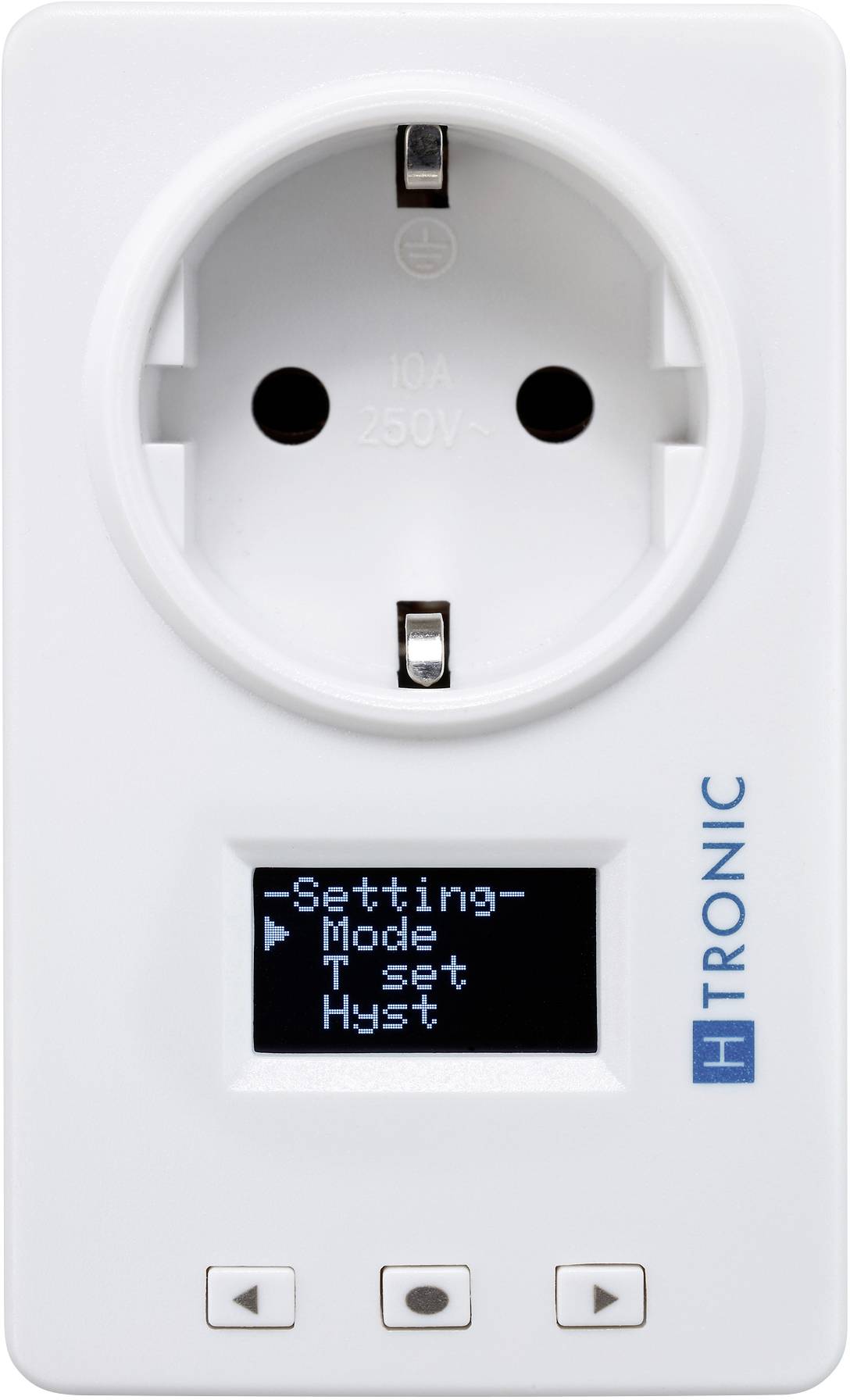 Socket with digital display. Display showing setting options: 'Setting', 'Mode', 'T_set', 'Hyst'. Brand name 'H TRONIC'.