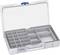 Grey sorting box with multiple compartments in various sizes, suitable for storing small parts. Lid is open.