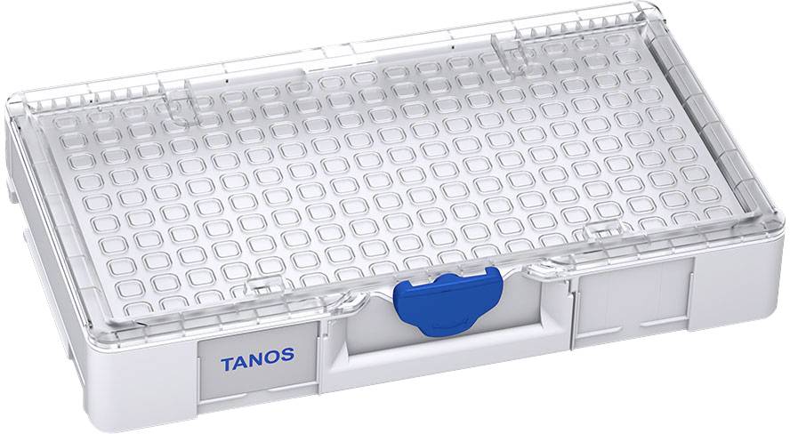 A transparent storage box with a blue fastener and 'Tanos' written on the side. Perfect for organising small items.