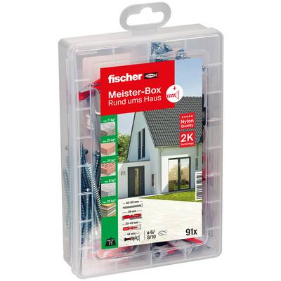 Plastic case of Fischer 'Meister-Box Rund ums Haus' with assorted screws and wall anchors for home construction, labeled 91 pieces.<br>