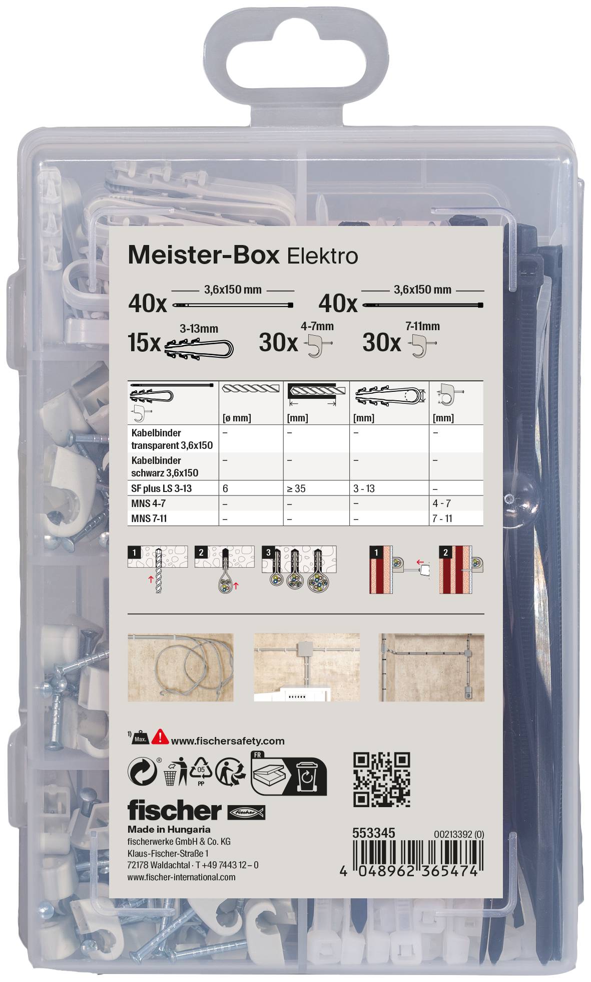 Clear plastic Meister-Box Elektro carrying assorted electrical cable clips, screws and fasteners, with size-and-quantity label and barcode on the front.<br>