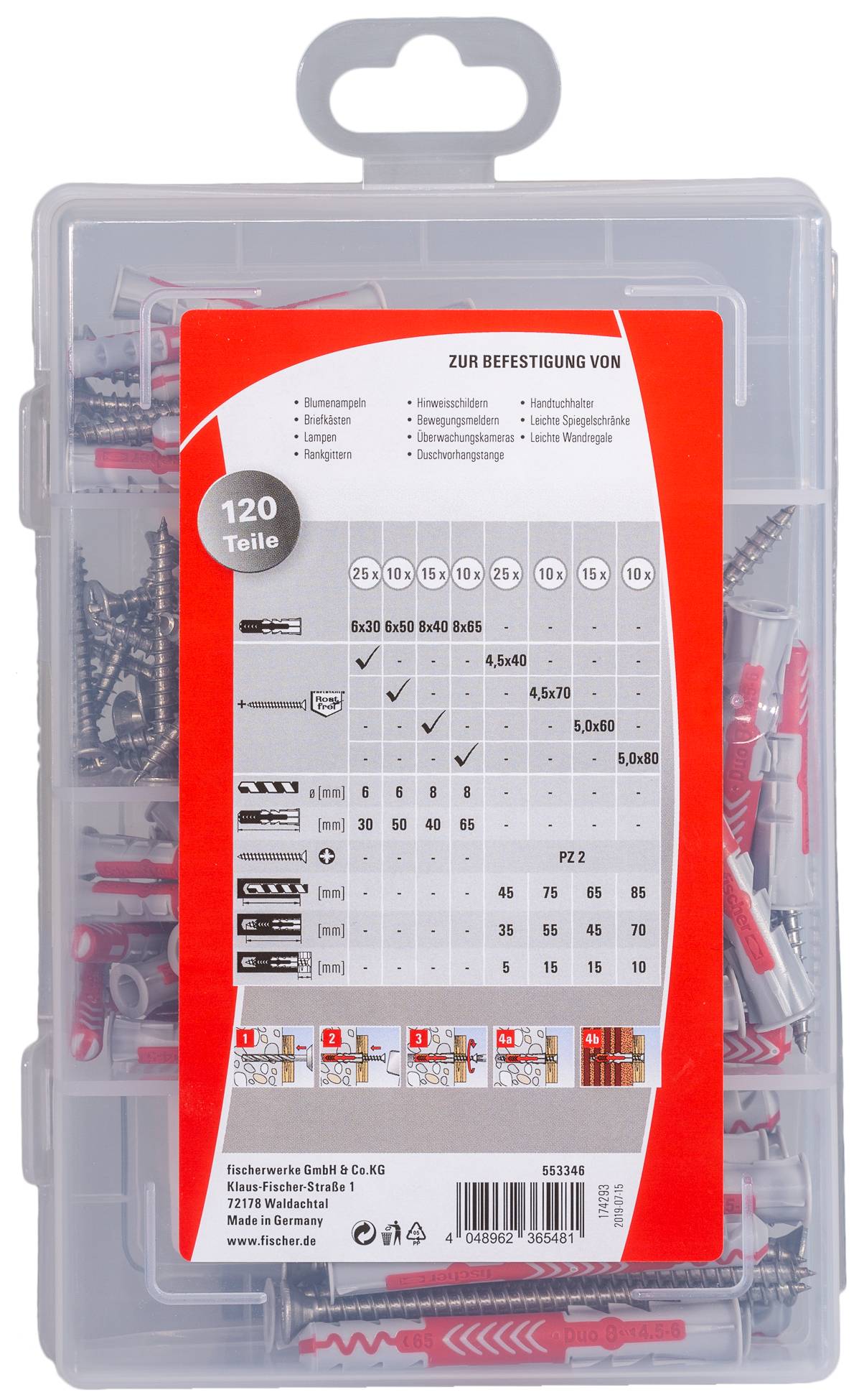 Plastic organizer case filled with assorted screws, wall anchors and fittings, labeled '120 Teile' for fastening and mounting supplies.