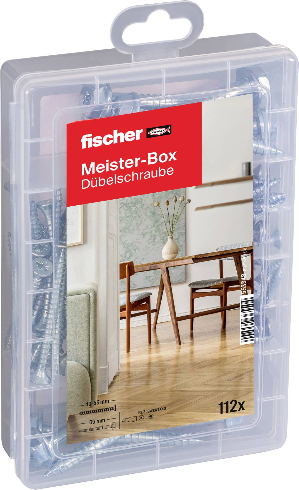 Fischer Rawlplug and Screw Pack, 112 Pieces, 'Master Box'. Contains various screws in a transparent plastic container.