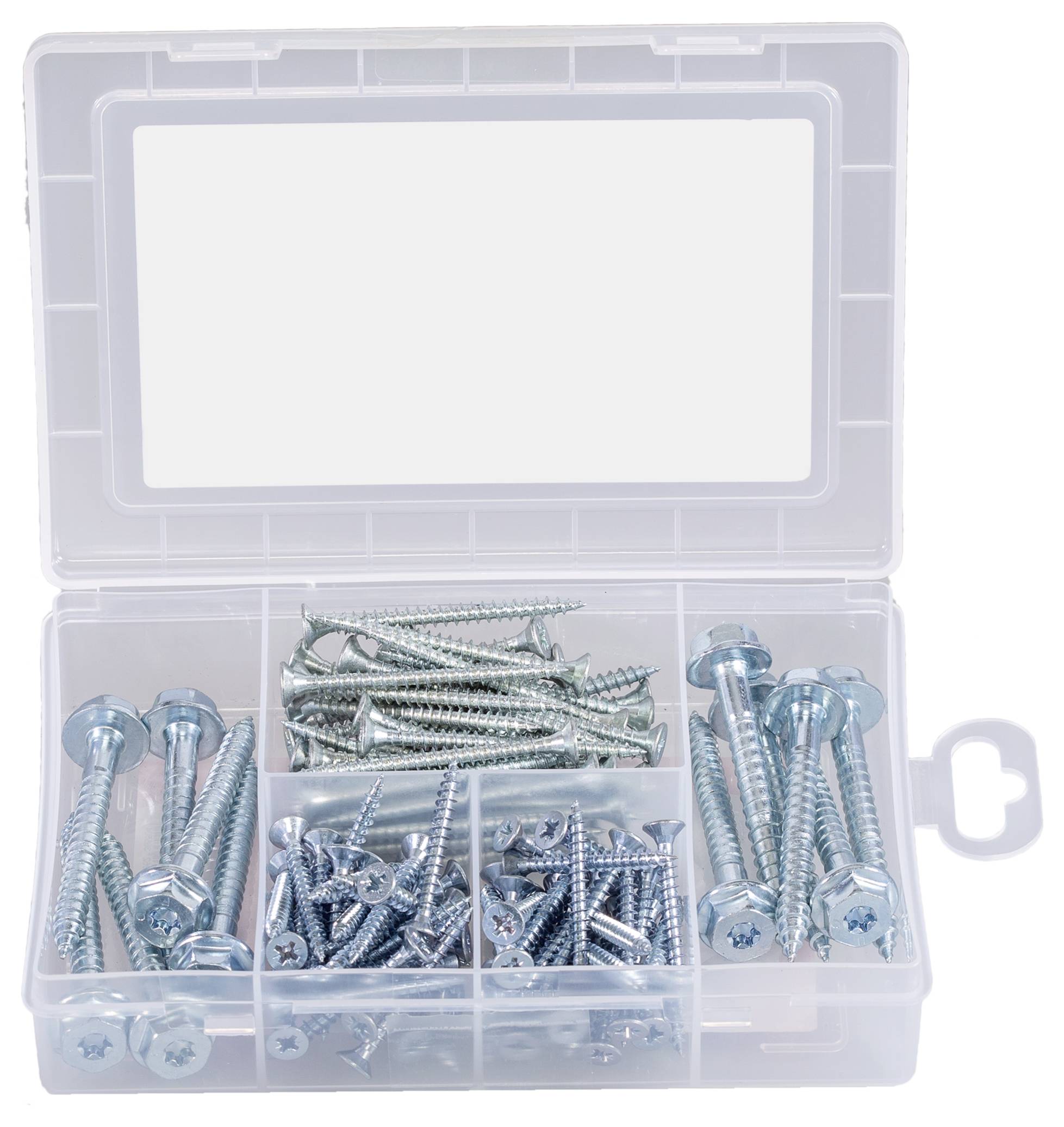 An open plastic storage box with multiple compartments, filled with various types of screws.