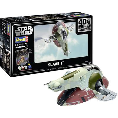 Model kit of the 'Slave I' spaceship from 'Star Wars'. Contains building parts, colours, brush and instructions. Recommended for ages 10 and above.