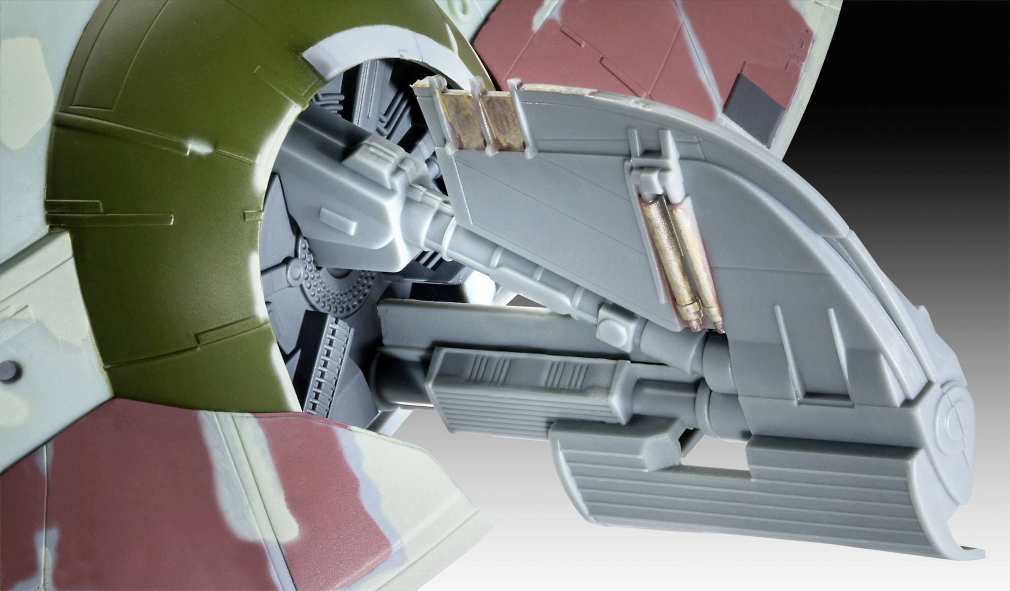 Close-up of a detailed, futuristic spacecraft. The armour and technical components of a propulsion system are visible.