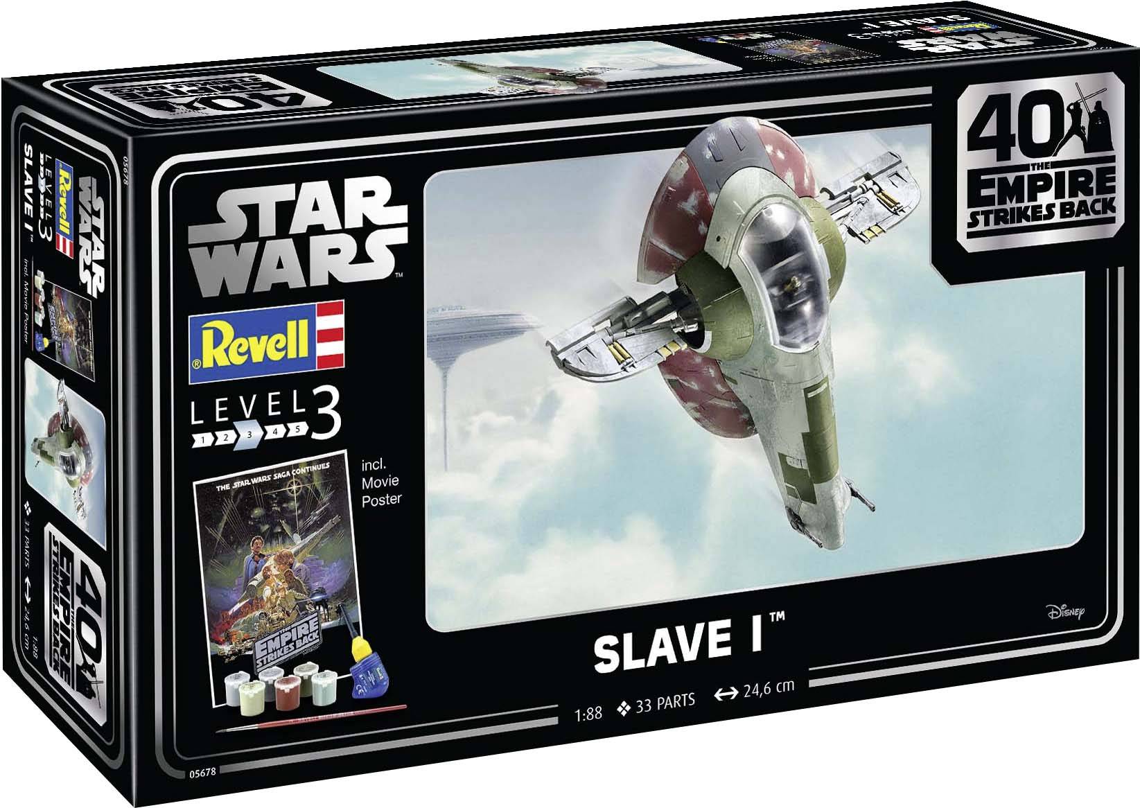 Revell Star Wars Model Kit 'Slave I', Scale 1:88, contains 33 parts and poster; packaging features an image of the spacecraft.