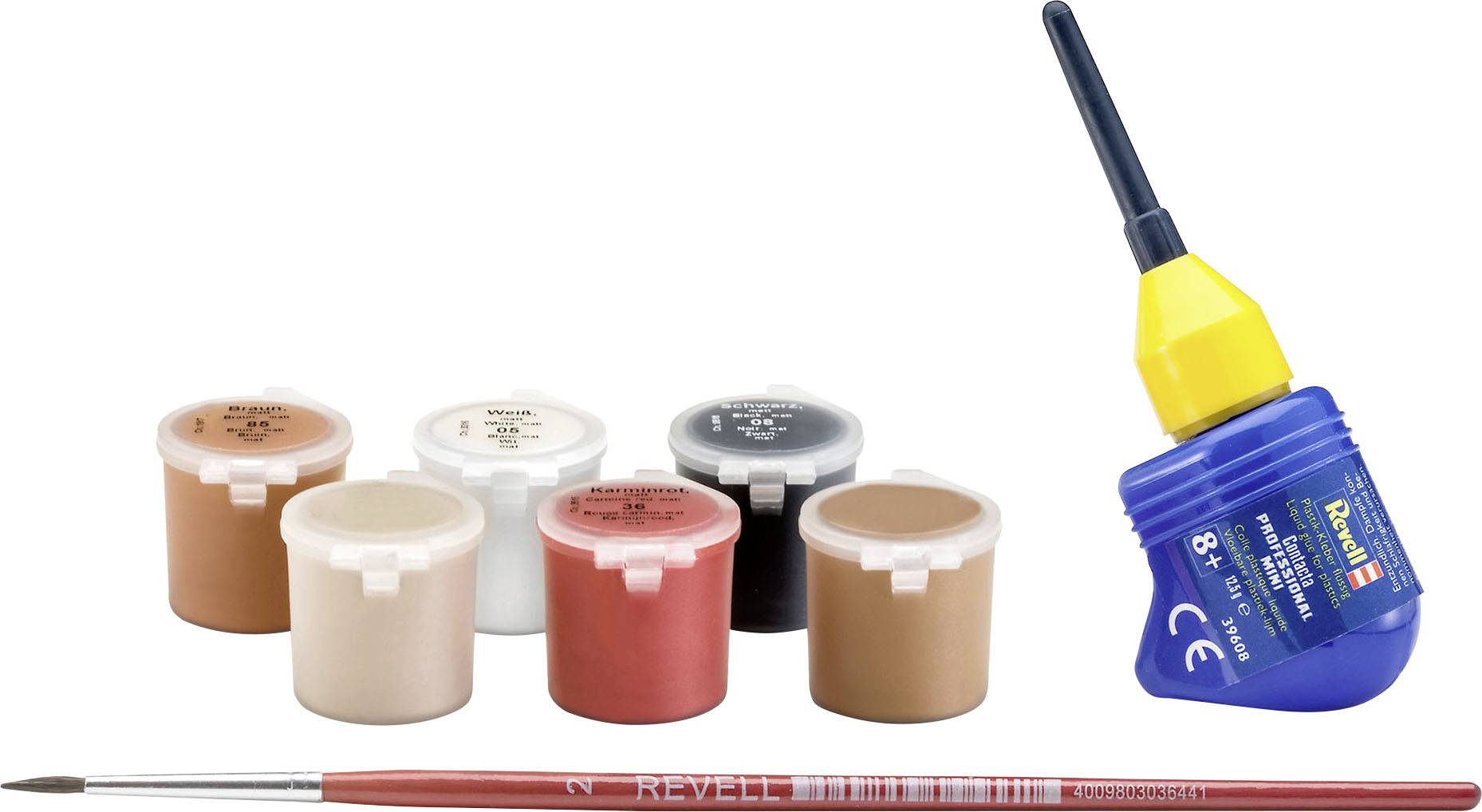 Colour and paintbrush set with six small paint containers in various shades, a tube of glue with a yellow cap, and a fine paintbrush.