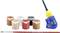 Colour and paintbrush set with six small paint containers in various shades, a tube of glue with a yellow cap, and a fine paintbrush.