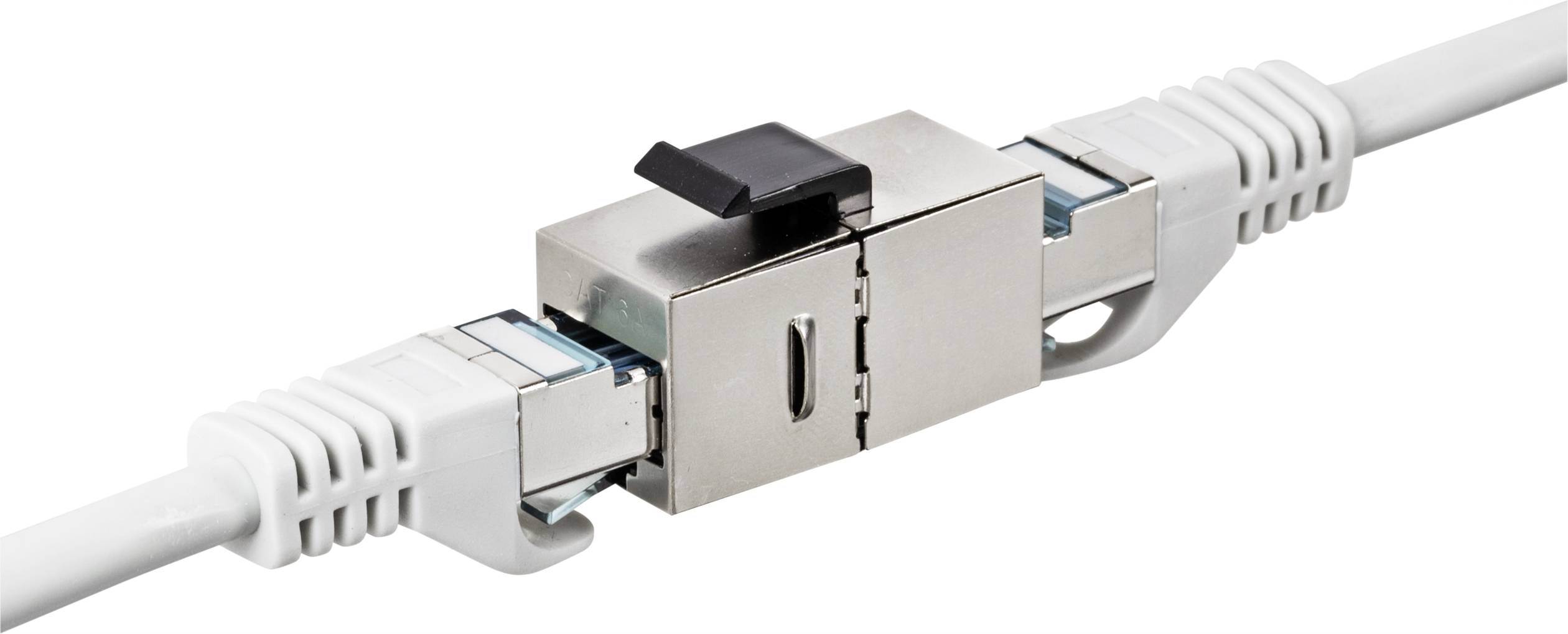 A silver Ethernet coupler connects two white Ethernet cables.