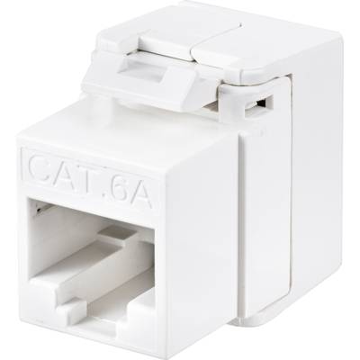 A white CAT.6A network connection module with a hinged cover, for use in structured cabling systems.