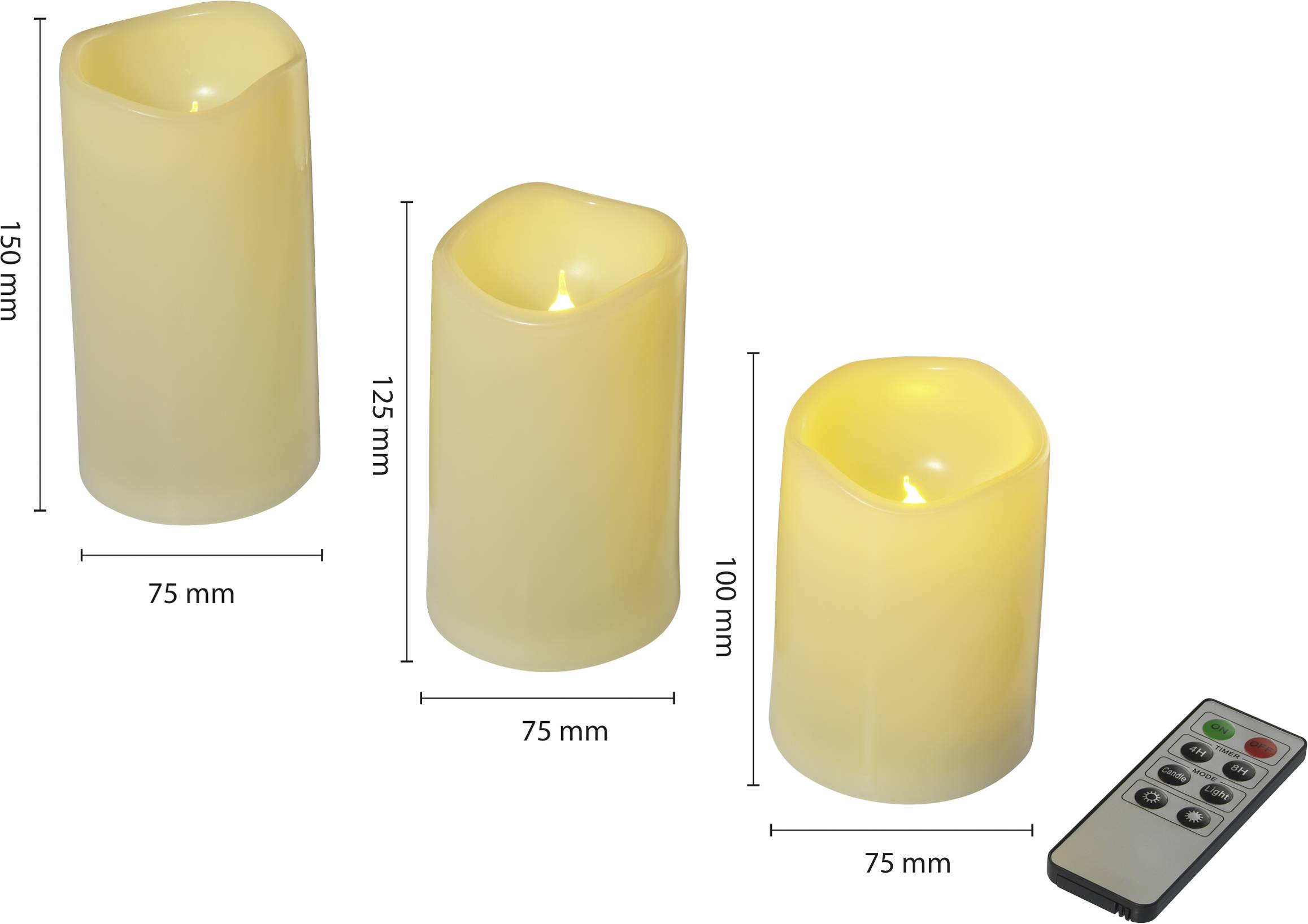 Sygonix SY-4531612 LED candle 3-piece set Ivory Warm white (Ø x H) 7.5 cm x 15 cm Timer-4