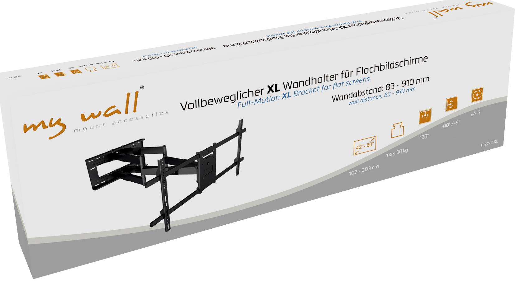 Packaging for a fully articulating XL wall mount for flat screens, suitable for 83-910 mm spacing. Includes mounting instructions.