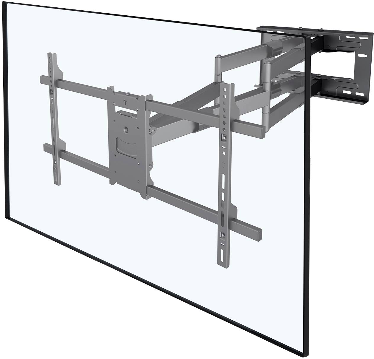 Flat screen mounted on a movable wall bracket that is pivotable and tiltable, allowing flexible positioning of the screen.