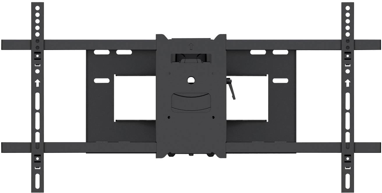 Wall-mounted bracket for flat screen, attached to steel frame, with adjustable arms to accommodate different screen sizes.