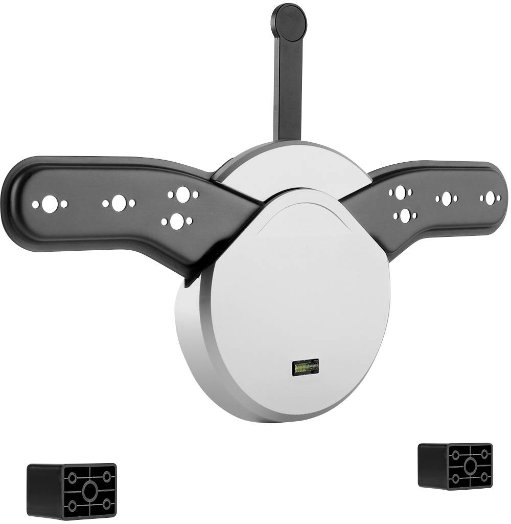 Metal wall mount with three articulated arms, suitable for monitors or televisions. Two rectangular adapters are also pictured.