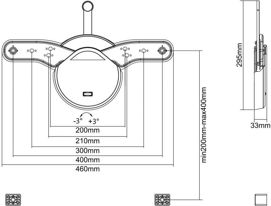 Technical drawing of a mounting bracket with dimensions. Main view shows width and height adjustability between 200mm and 400mm.