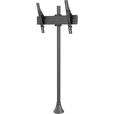 A black television wall mount, tall, with adjustable tilt and articulating arms, mounted on a sturdy wall pole.
