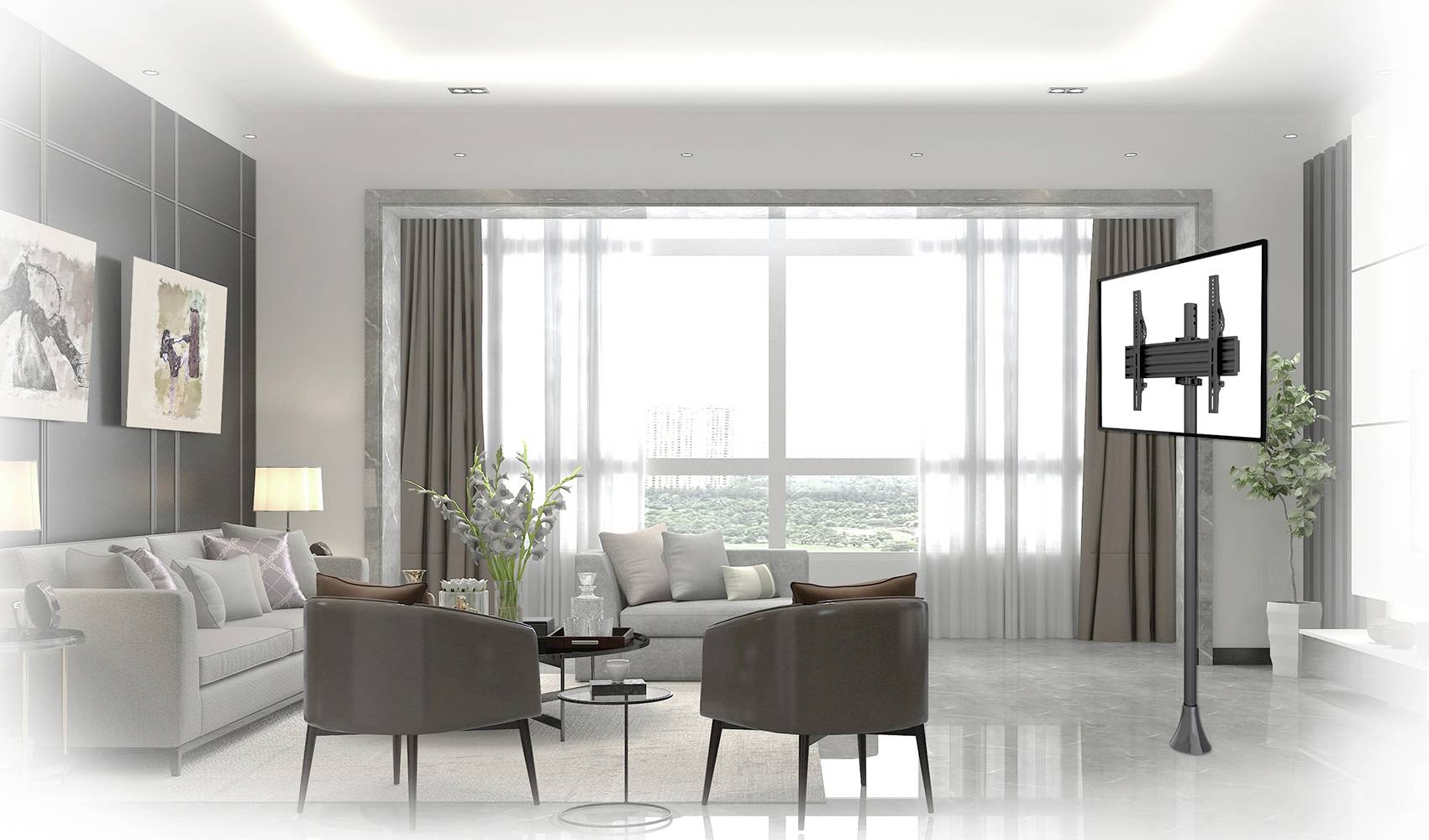 A modern living room with sofas, armchairs and a large window in the background. A television is positioned on a stand on the right side of the image.