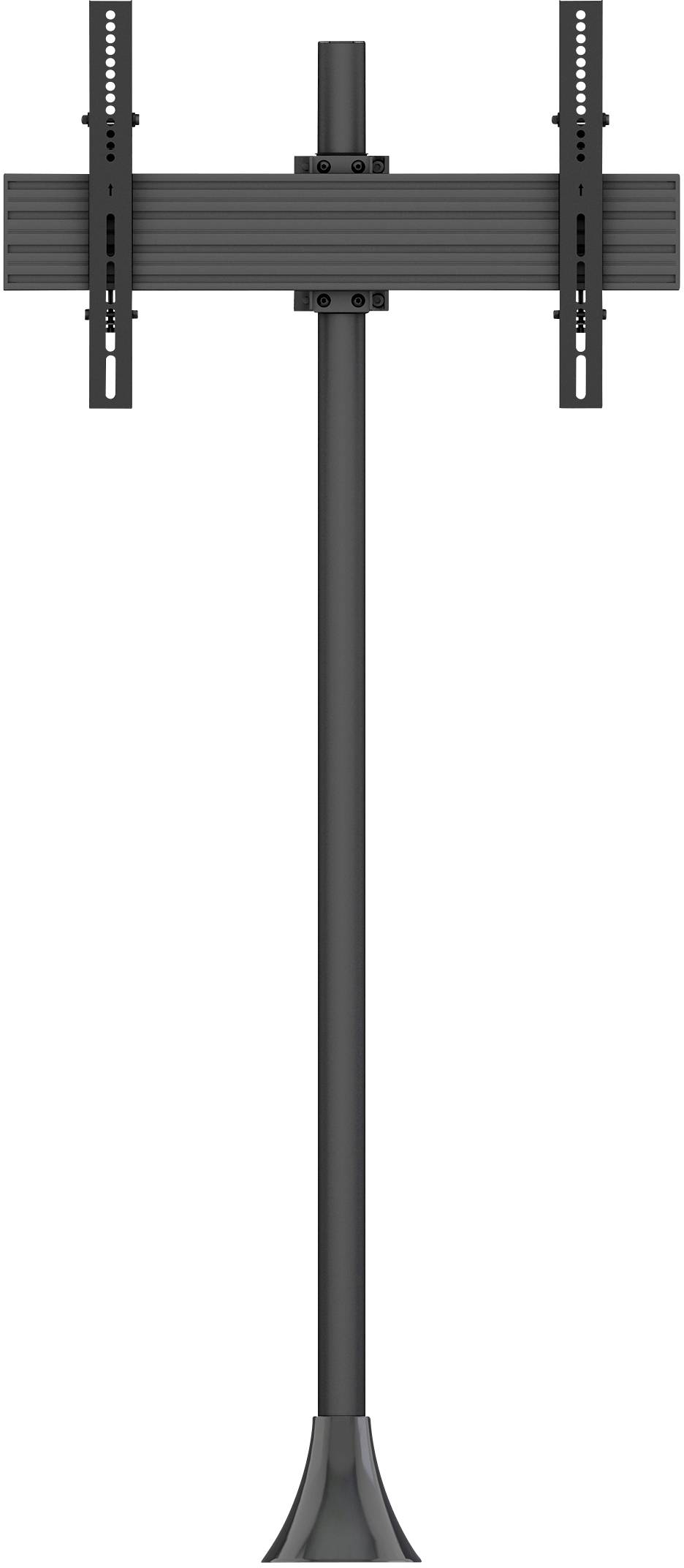 A black TV floor stand with mounting bracket, suitable for flat screens. Ideal for exhibitions or presentations.