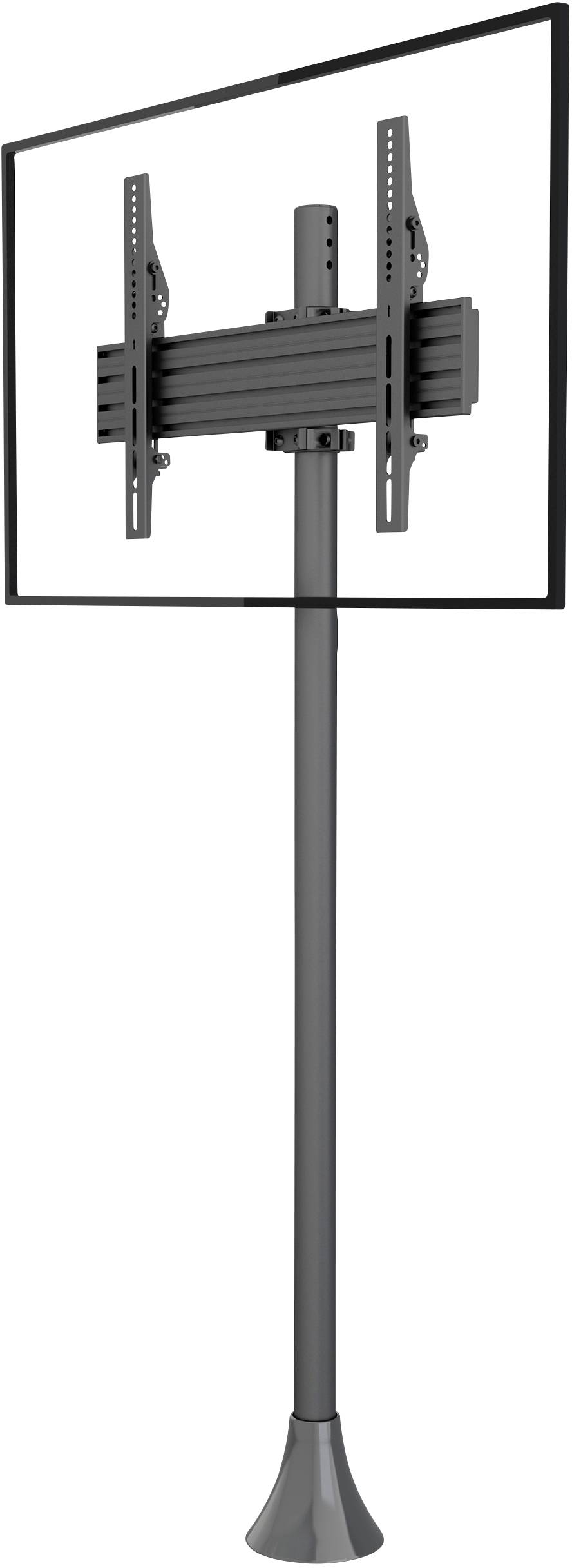 A freestanding monitor stand with a swivel arm and rectangular base, suitable for wall or ceiling mounting. Ideal for presentations.