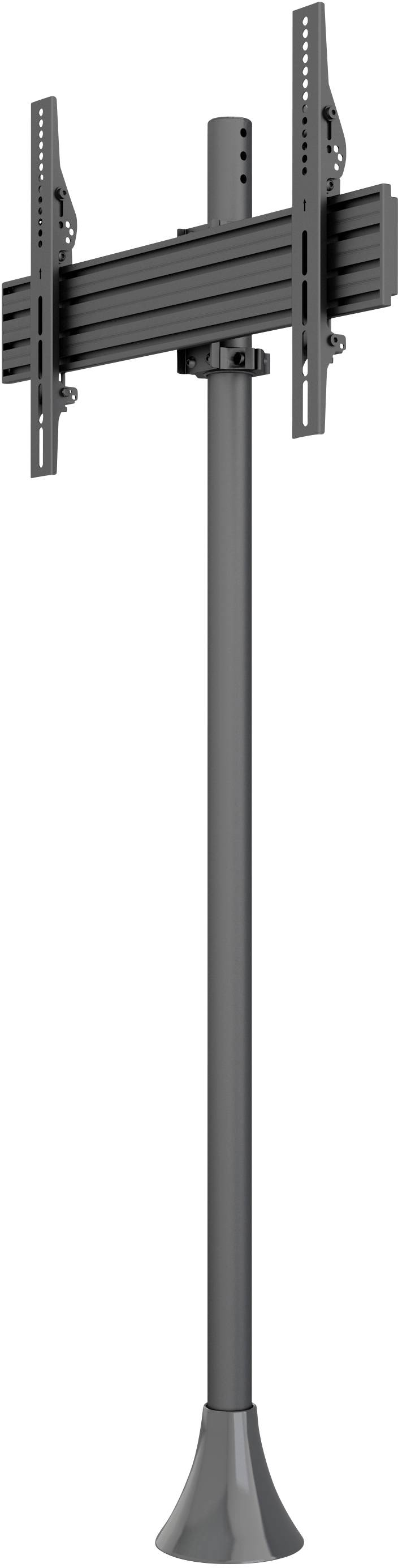 A black, adjustable TV stand with a sturdy column base, suitable for wall-mounting flat screen televisions.