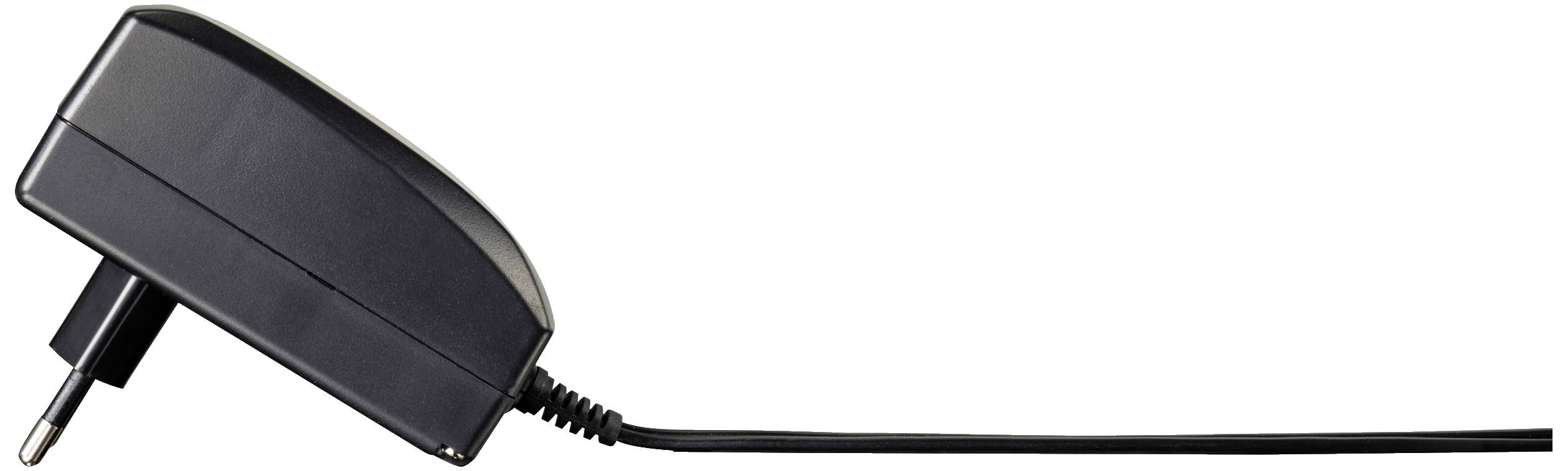A black charger with a European plug and a long cable.