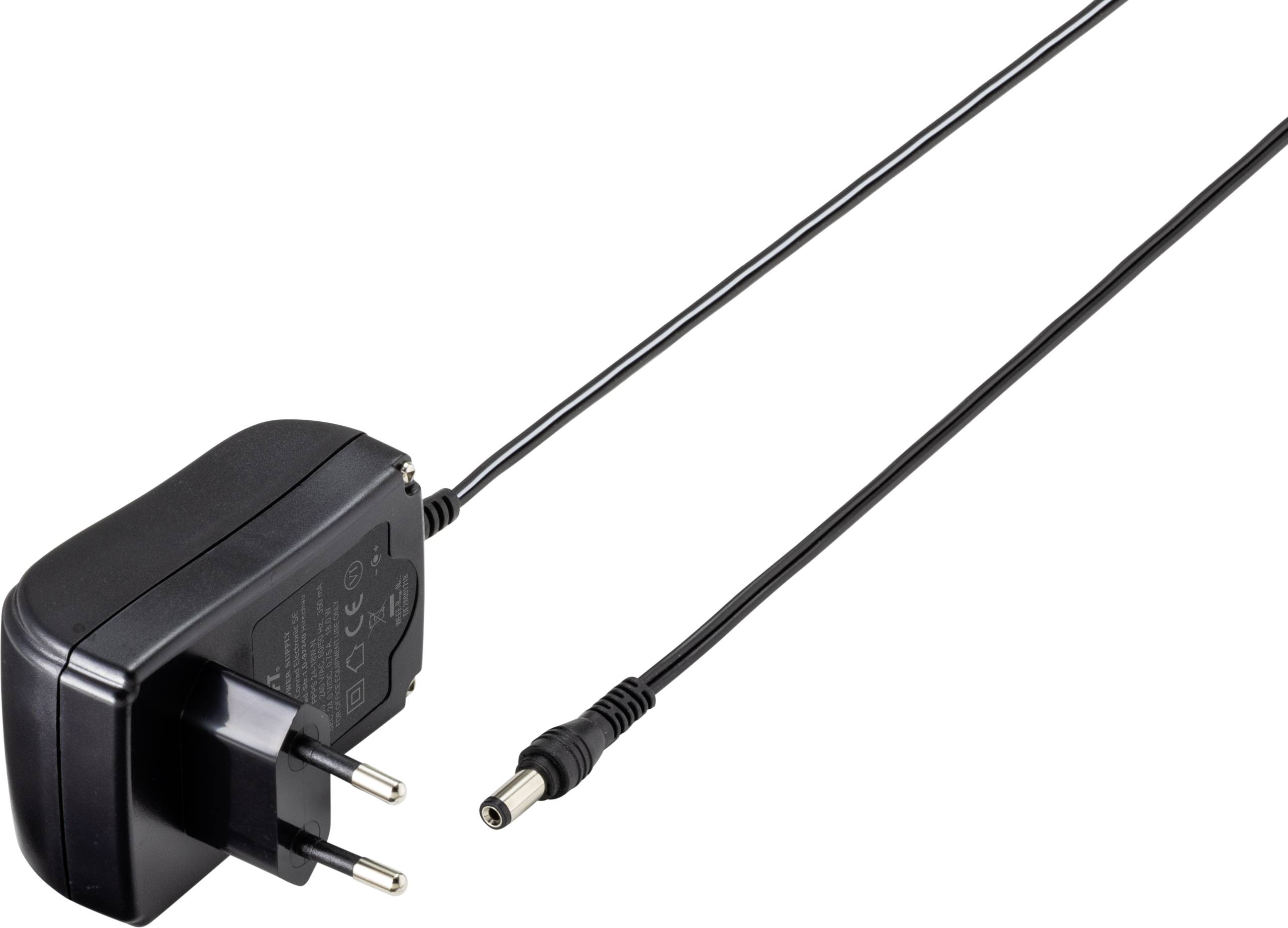 A black power adapter with a European plug and a long cable with a cylindrical connector, commonly used for powering electronic devices.