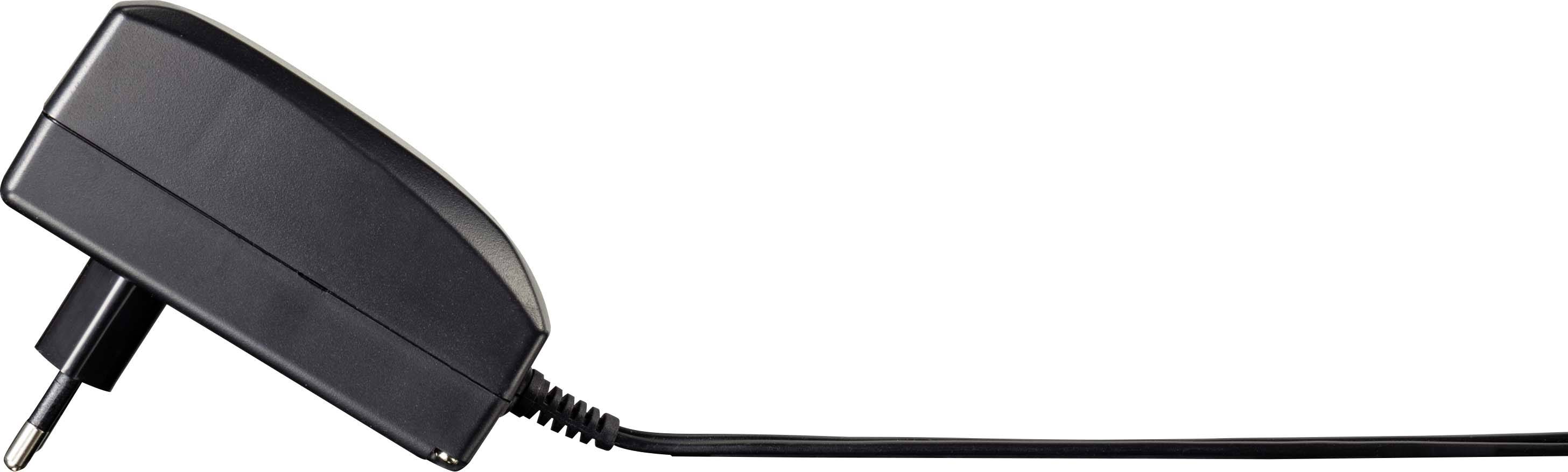 Black power supply with European plug that fits into a socket. Long cable extends from the power supply.