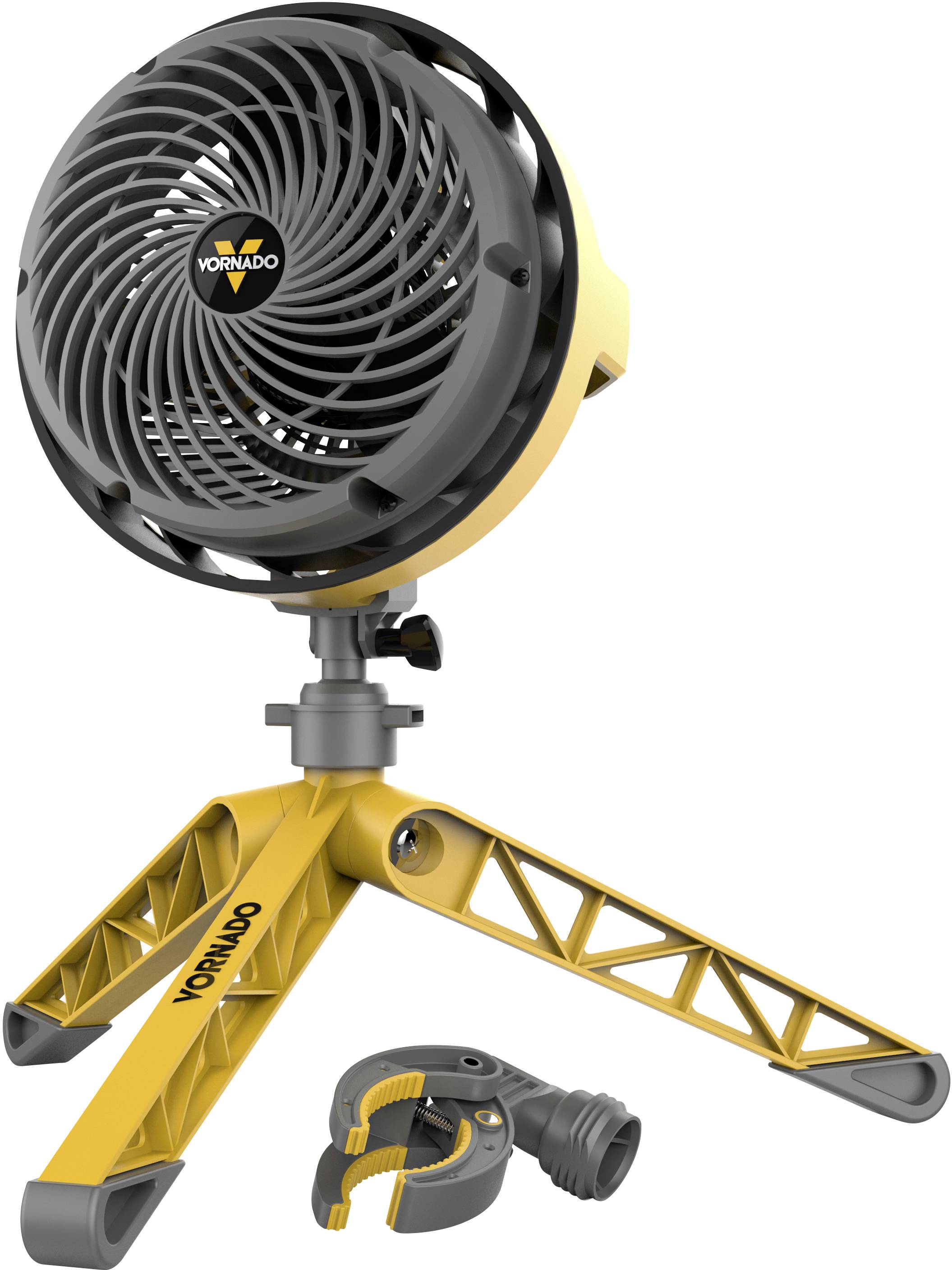 Small yellow and black fan on a three-legged stand, visible from the side. 'Vornado' marking on the stand's base.